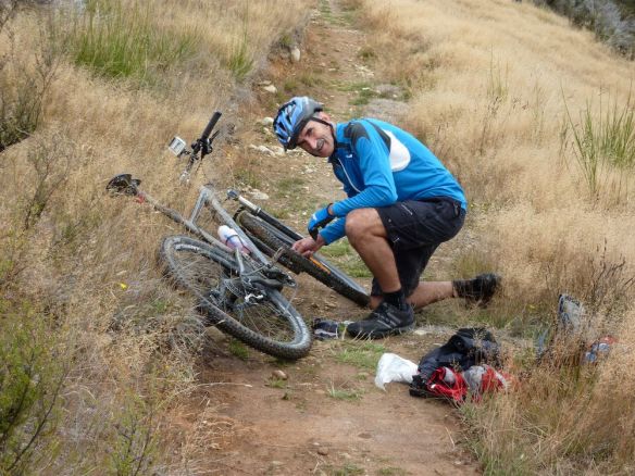 A little maintenance along the way. Thankfully no punctures from the nasty thorns