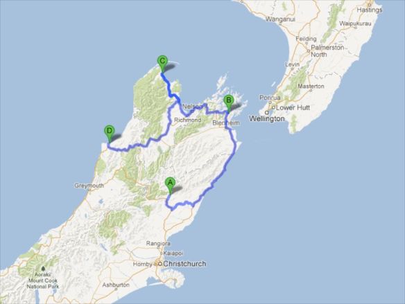 The rides: A. St James Cycle Trail B. Queen Charlotte Track c. The Heaphy Track D. The Old Ghost Trail