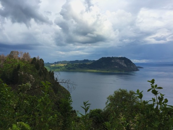 Views back to Whakaipo Bay as you climb the headland